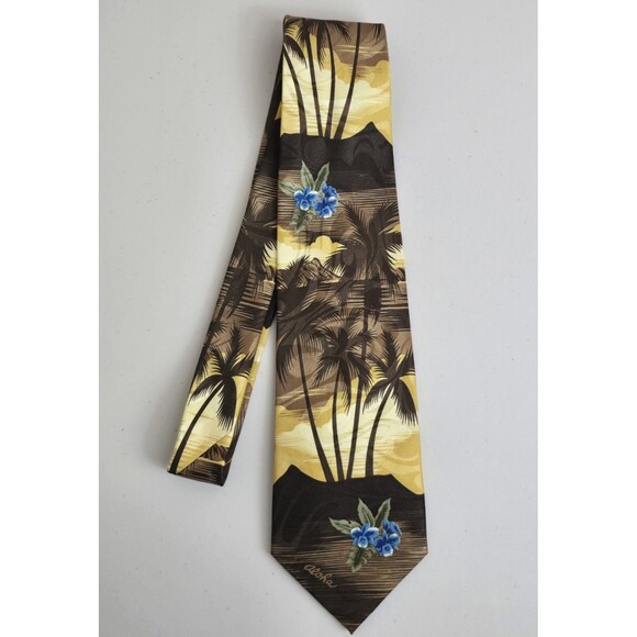 Tropical Hawaii Handmade Tie, Men's Yellow Silk Tropical Necktie Aloha - Picture 2 of 7